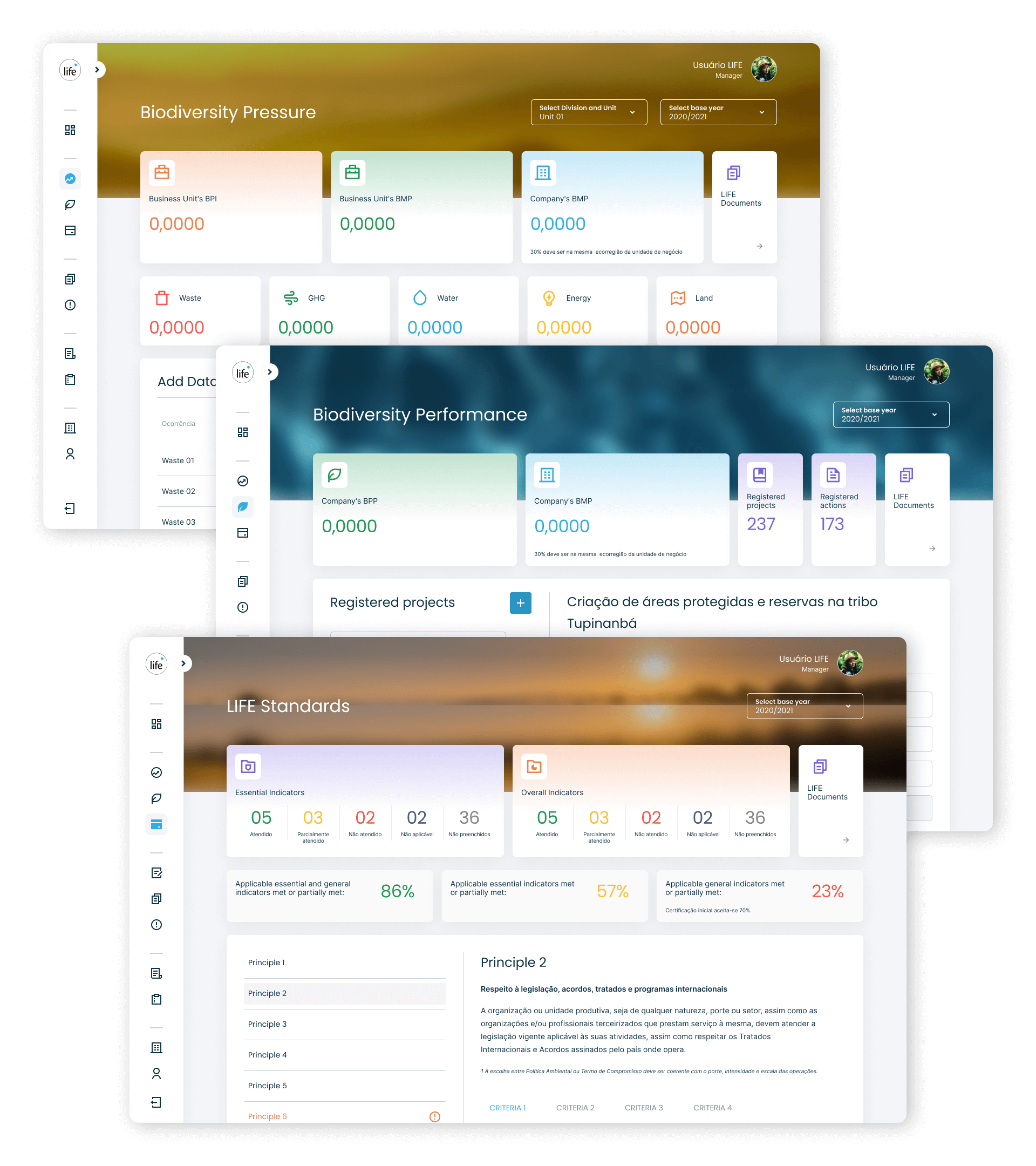 LIFE Key system screen panels for Biodiversity Pressure, Biodiversity Performance, and LIFE Standards Indicators