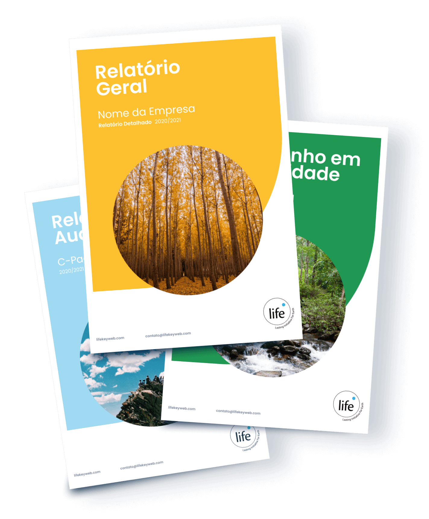 Relatórios empilhados do sistema LIFE Key destacando a página de capa do relatório geral